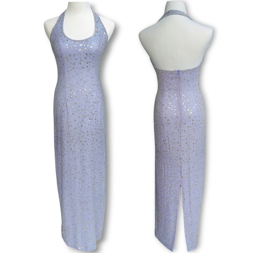 Vintage Cache Lavender Purple Silk Beaded Sequins Halter Gown Dress Size 8